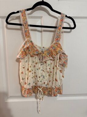 American Eagle Outfitters Cream Floral Ruffle Tank with Tie Hem